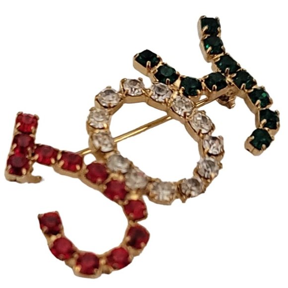 Gold Tone Red Green Clear Prong Rhinestone JOY Brooch Pin K827 - Picture 2 of 7